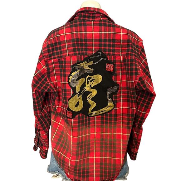 Chinese Dragon Plaid Flannel Shirt SMALL Oversized Shacket Upcycle Unique Red - Picture 1 of 6